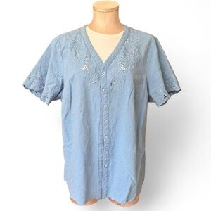Blue Floral Embroidered Button-up Blouse with Ruffle Trim